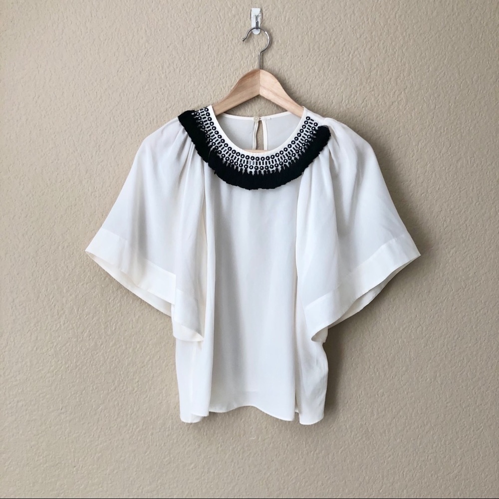 KATE SPADE Sequin Tassel Silk Top In Cream - Picture 3 of 7